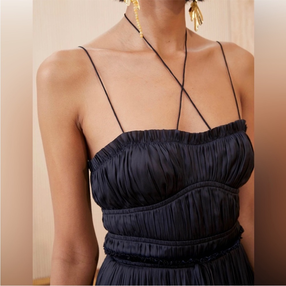 ULLA JOHNSON Naveah Pleated Halter Midi Dress Navy - Picture 2 of 9